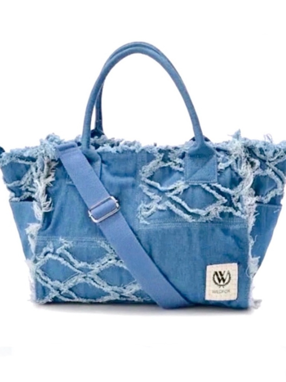 Wildfox patchwork denim tote frayed fringe detail blue bag NWT NIP + free gift